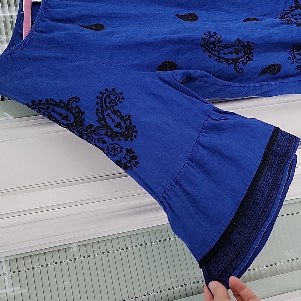 Charter Club Cobalt Blue & Black Embroidery Flutter Sleeve Linen Shirt Sz XL - Picture 2 of 12